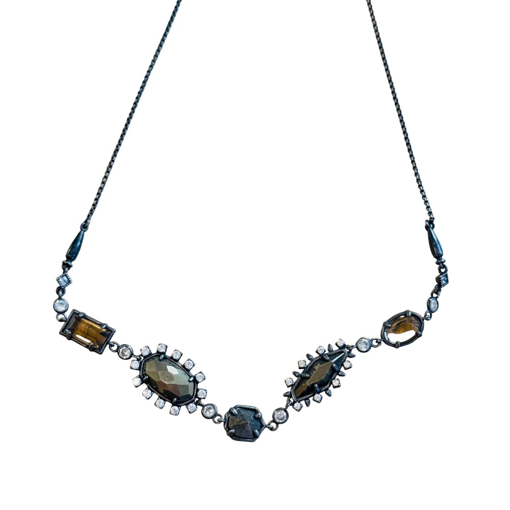 Kendra Scott‎ KS June Long Necklace Antique Silver Pyrite Crystal Chain 27"